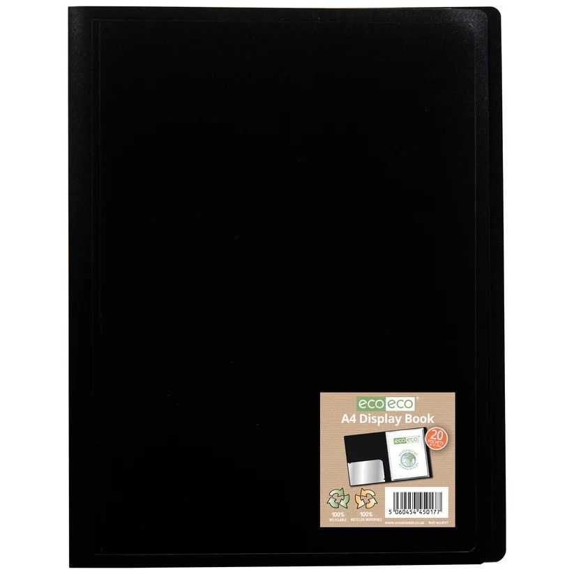 Eco-Eco A4 100  Recycled 20 Pocket Black Flexicover Display Book  UK Stock 
