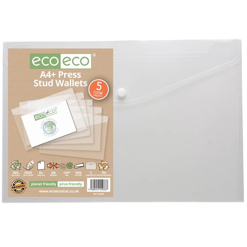 Eco-Eco A4  95  Recycled Clear Press Stud Wallet  UK Stock 