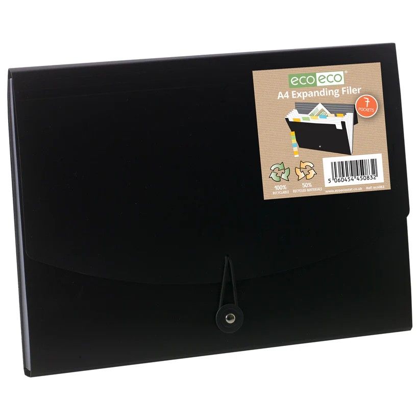 Eco-Eco A4 50  Recycled 7 Pocket Black Expanding File  UK Stock 
