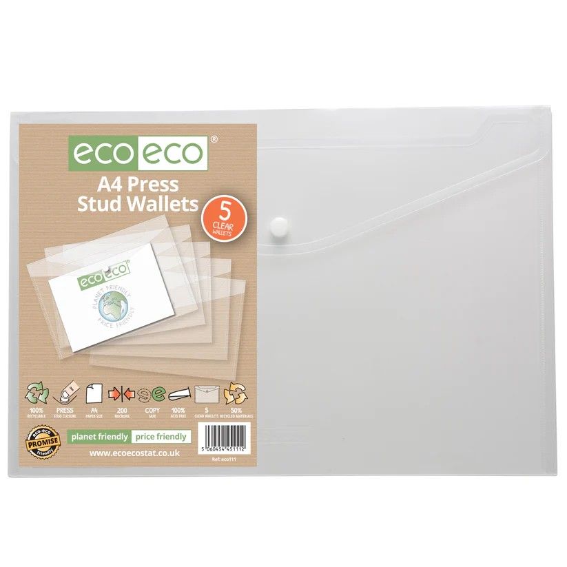 Eco-Eco A4 50  Recycled Clear Press Stud Wallet  UK Stock 