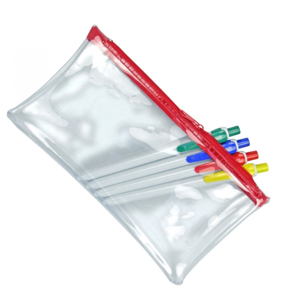 PVC Pencil Case  UK Stock  Clear with Red Zip 