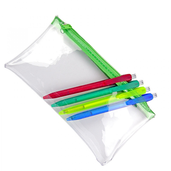 PVC Pencil Case  UK Stock  Clear with Light Green Zip 