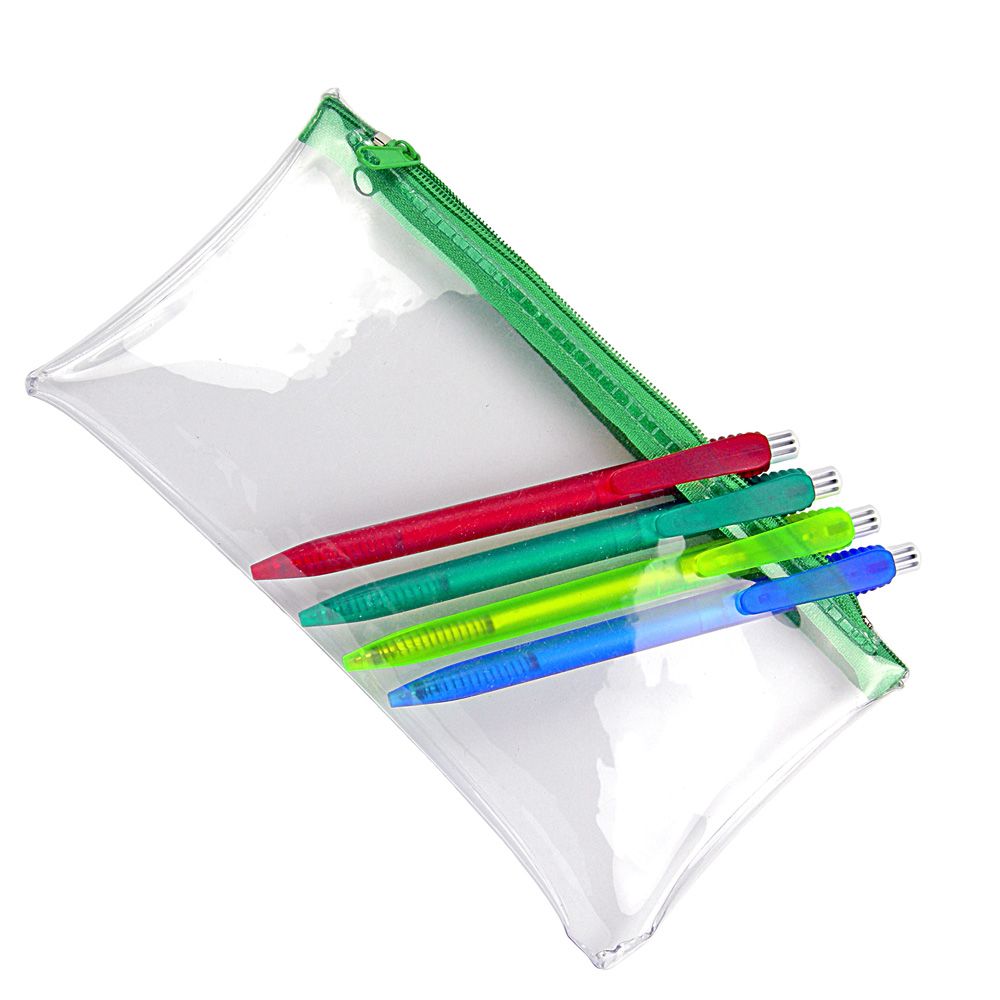PVC Pencil Case  UK Stock  Clear with Green Zip 