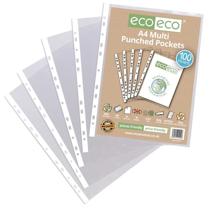 Eco-Eco 45 Micron A4 100  Recycled Multi Punched Pockets  UK Stock 