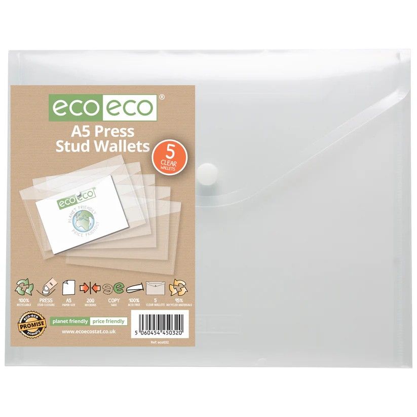 Eco-Eco A5 95  Recycled Clear Press Stud Wallet  UK Stock 