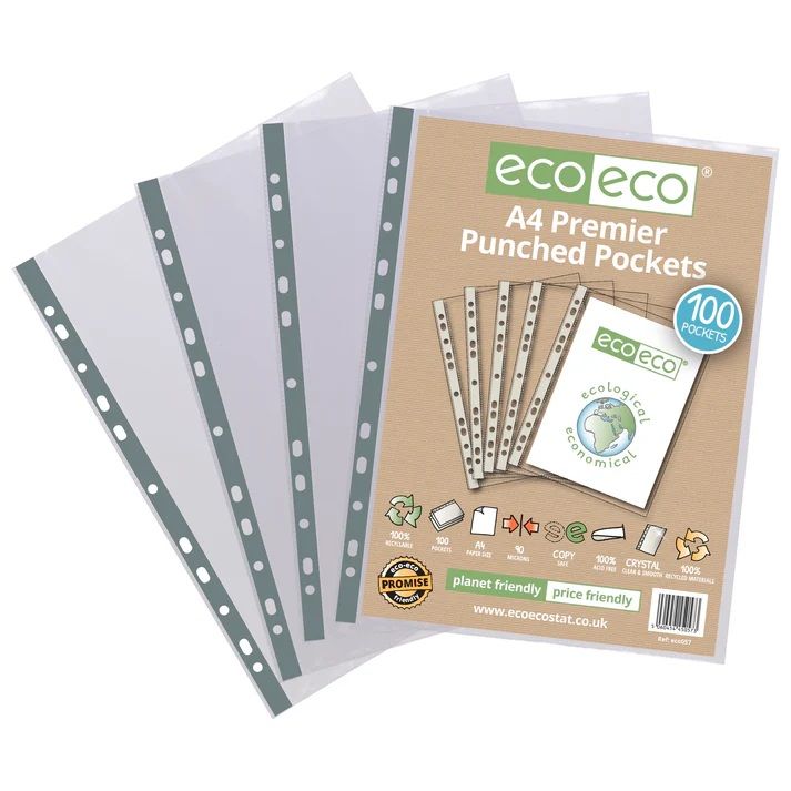 Eco-Eco 90 Micron A4 100  Recycled Multi Punched Pockets  UK Stock 