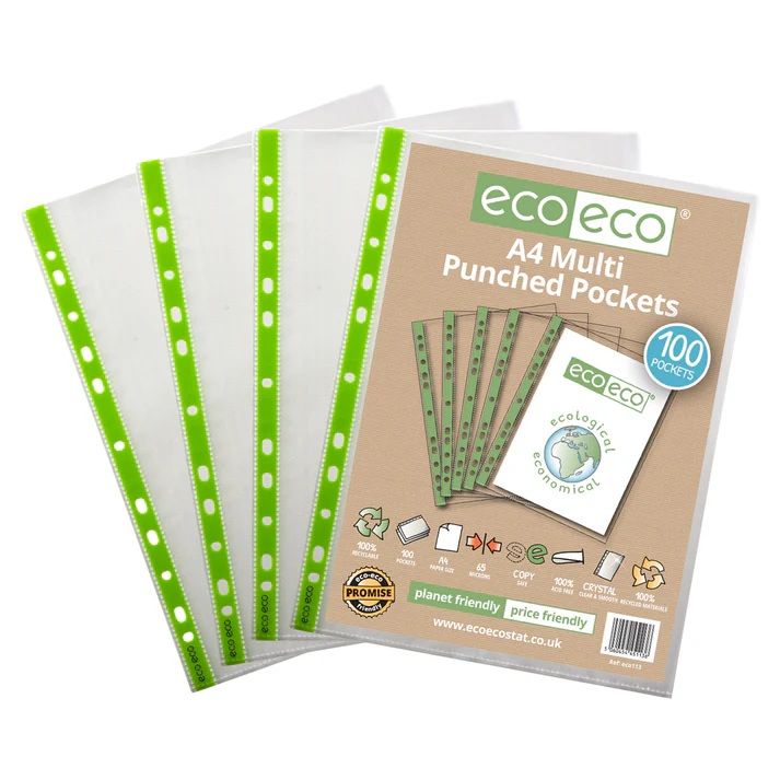 Eco-Eco 65 Micron A4 100  Recycled Multi Punched Pockets  UK Stock 