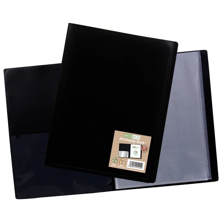 Eco-Eco A4 100  Recycled 80 Pocket Black Flexicover Display Book  UK Stock 