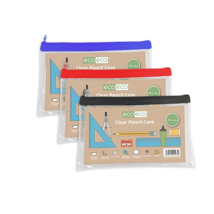 Eco-Eco Small 90  Recycled Clear Flat Pencil Case  UK Stock 